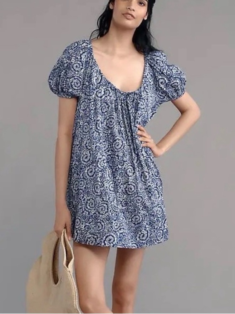 Anthropologie Maeve Navy Floral Puff-Sleeve Mini Dress